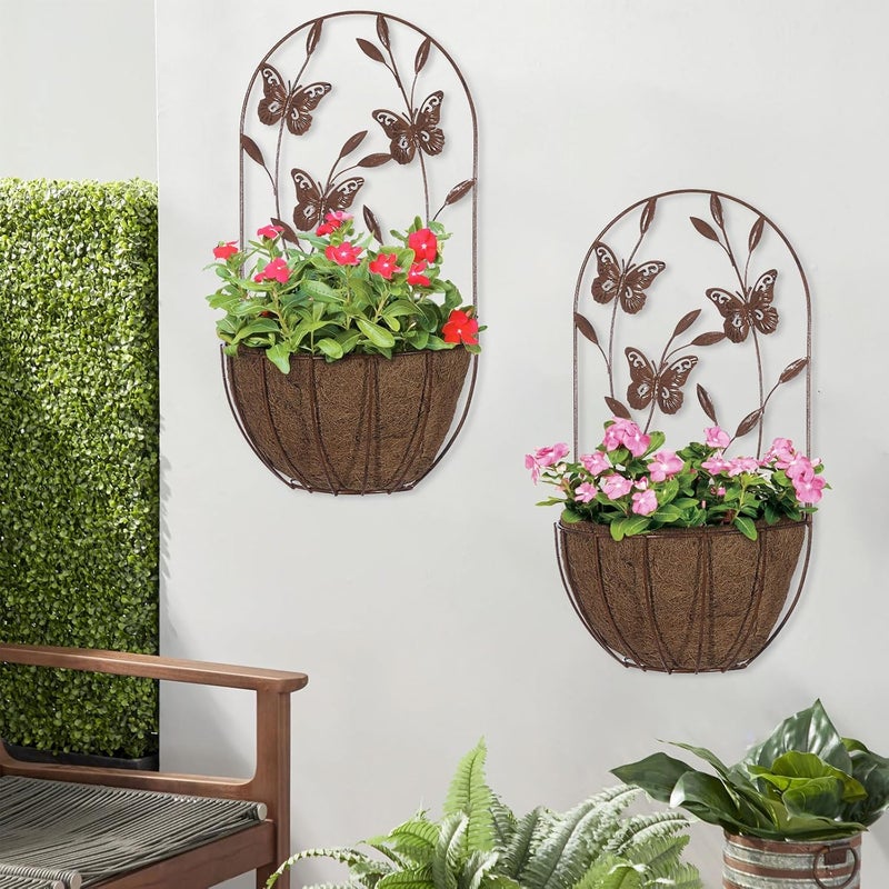 BAYN 2PK Wall Hanging Planter Decor Art with Butterfly, Metal Wall Mounted Planters Indoor Outdoor Wall Planter for Succulent Herb Home Garden Yard - Image 2